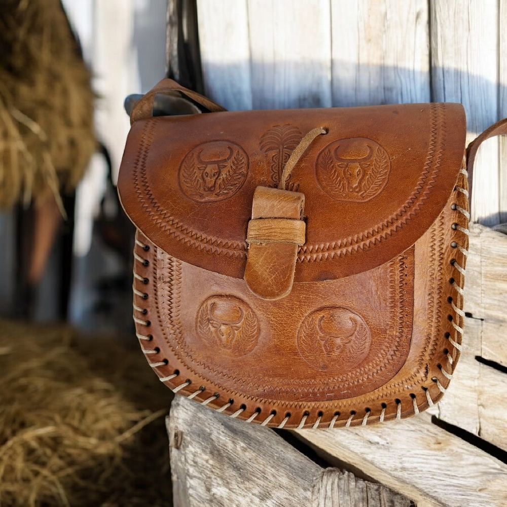 Vintage Handmade Tooled Tan Leather Shoulder Bag Handbag Flap Satchel